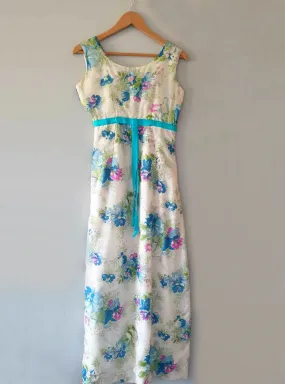 1960s Blue Floral Empire Waist Evening Gown - XS