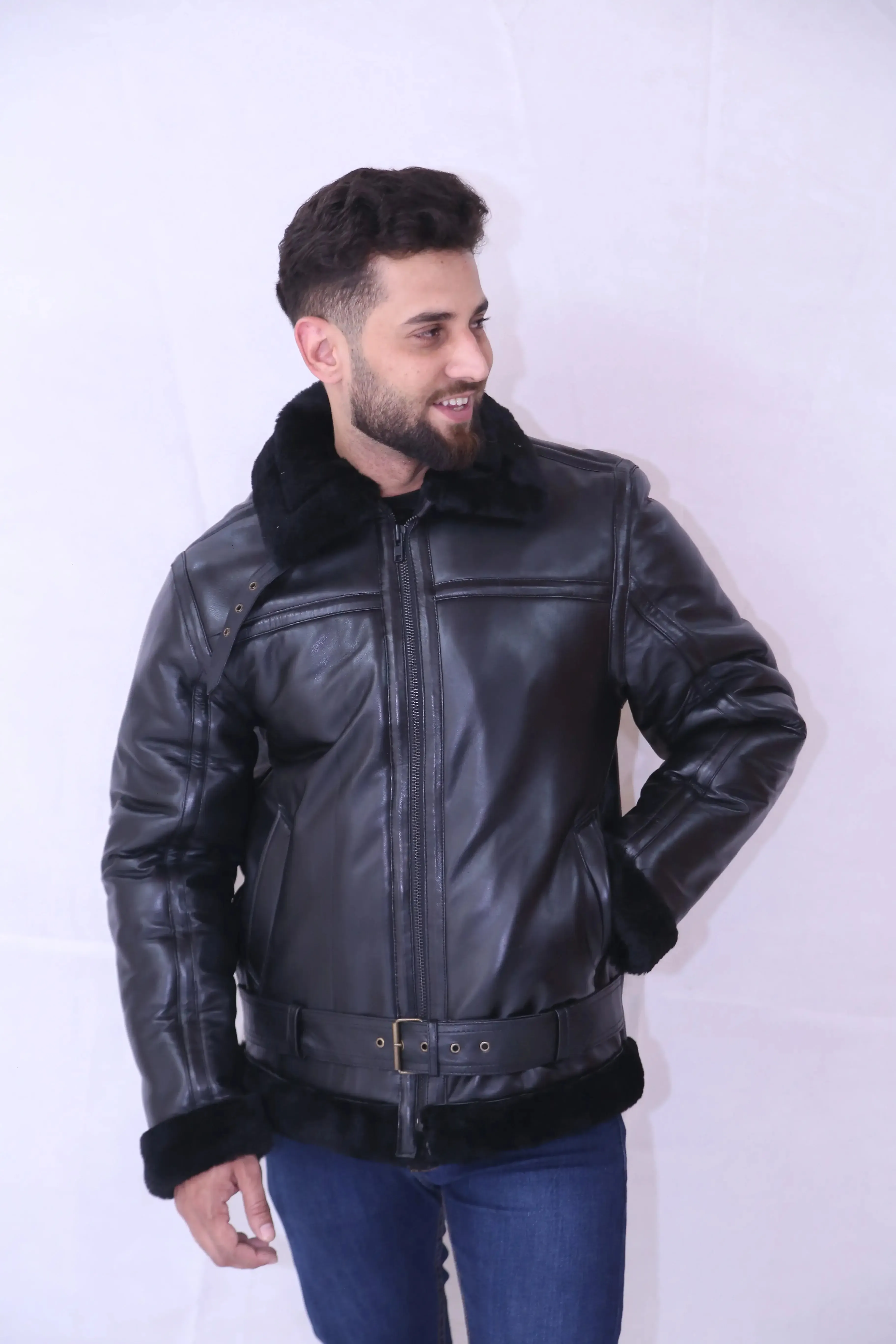 B3 Bomber RAF Aviatot Shearling Black Men's Leather Jacket