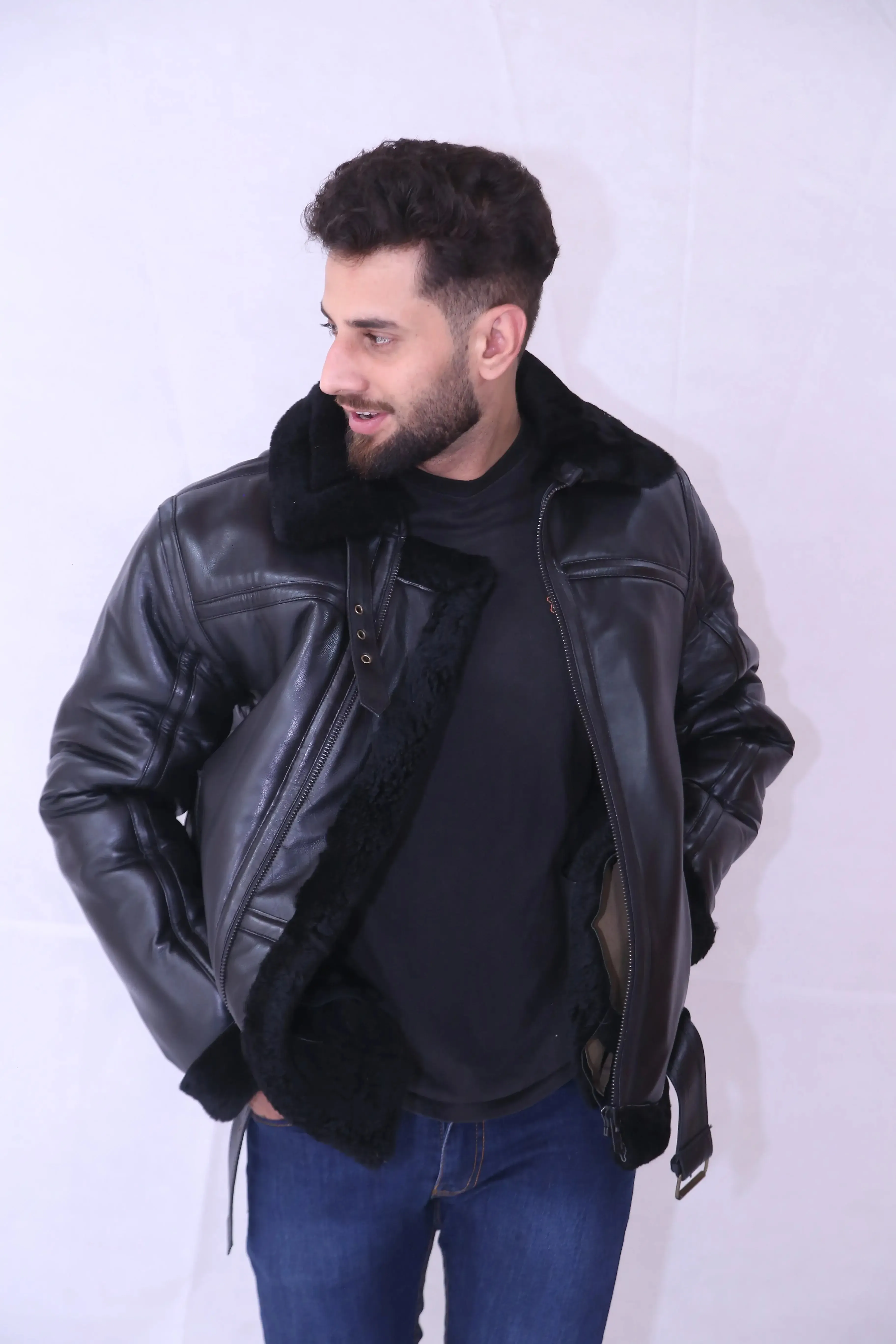 B3 Bomber RAF Aviatot Shearling Black Men's Leather Jacket