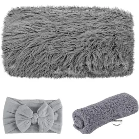 Babymoon Set of Fur Blanket (70x60cm), Wrap & Headband Photography Props - Grey