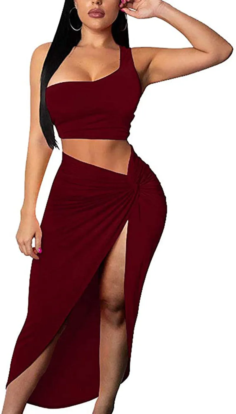 BEAGIMEG Women's Sexy One Shoulder Long Bodycon Slit Skirt 2 Pieces Dress