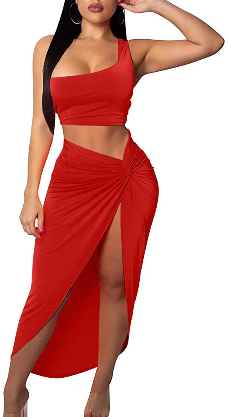 BEAGIMEG Women's Sexy One Shoulder Long Bodycon Slit Skirt 2 Pieces Dress