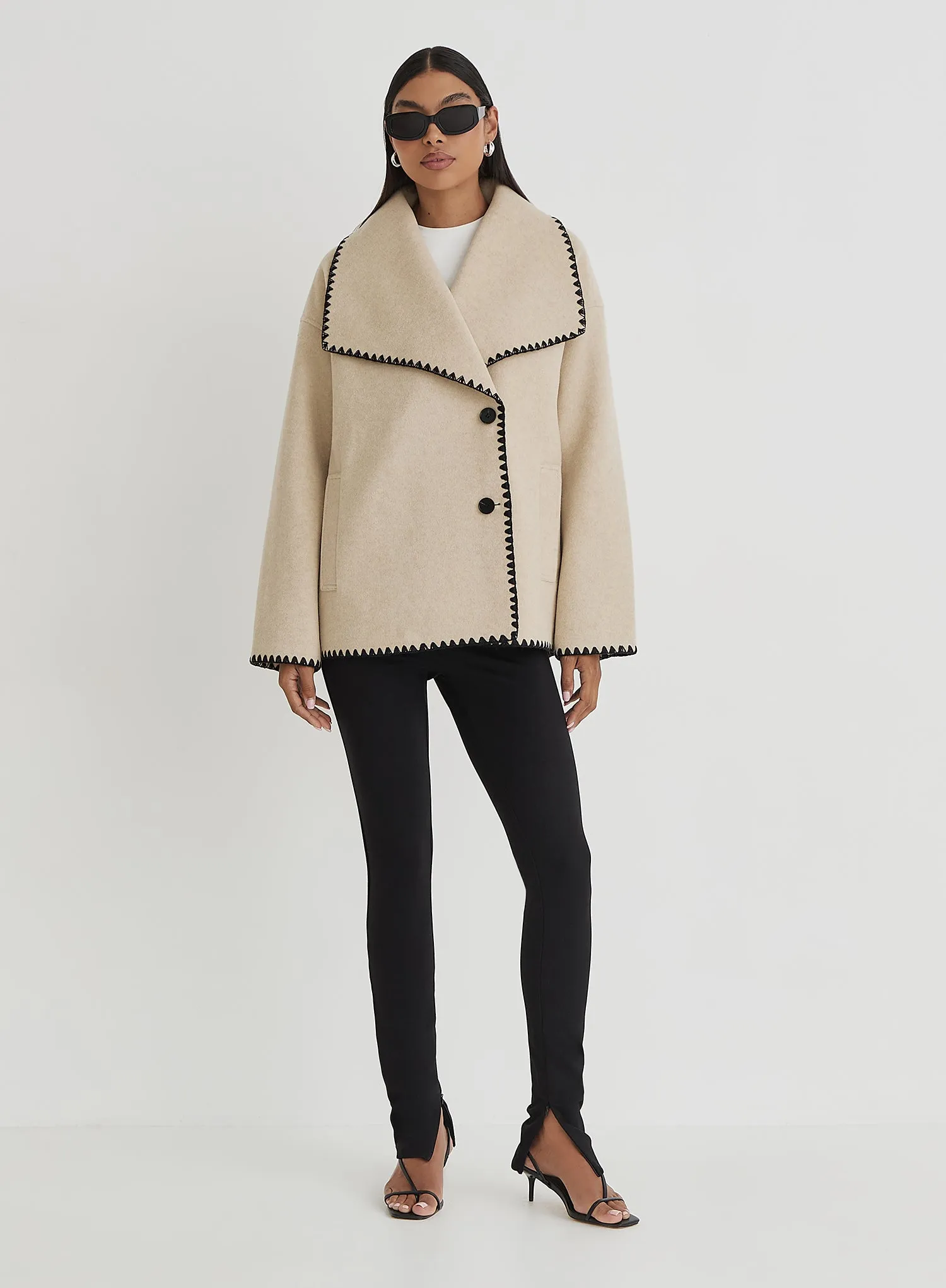 Beige Contrast Stitch Oversized Jacket - Darin