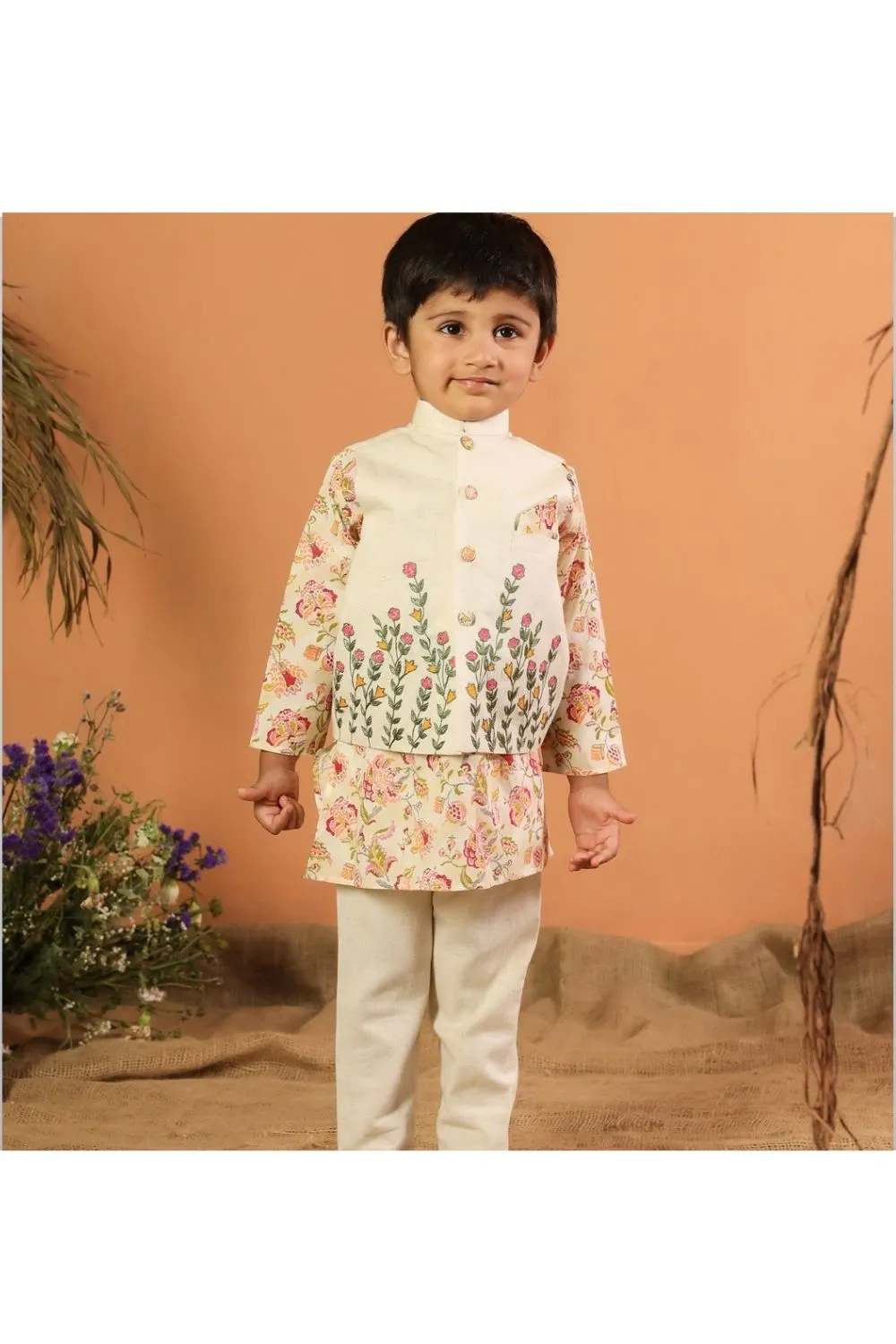 Beige Cotton Floral Printed Kurta And Churidar With Jacket Set