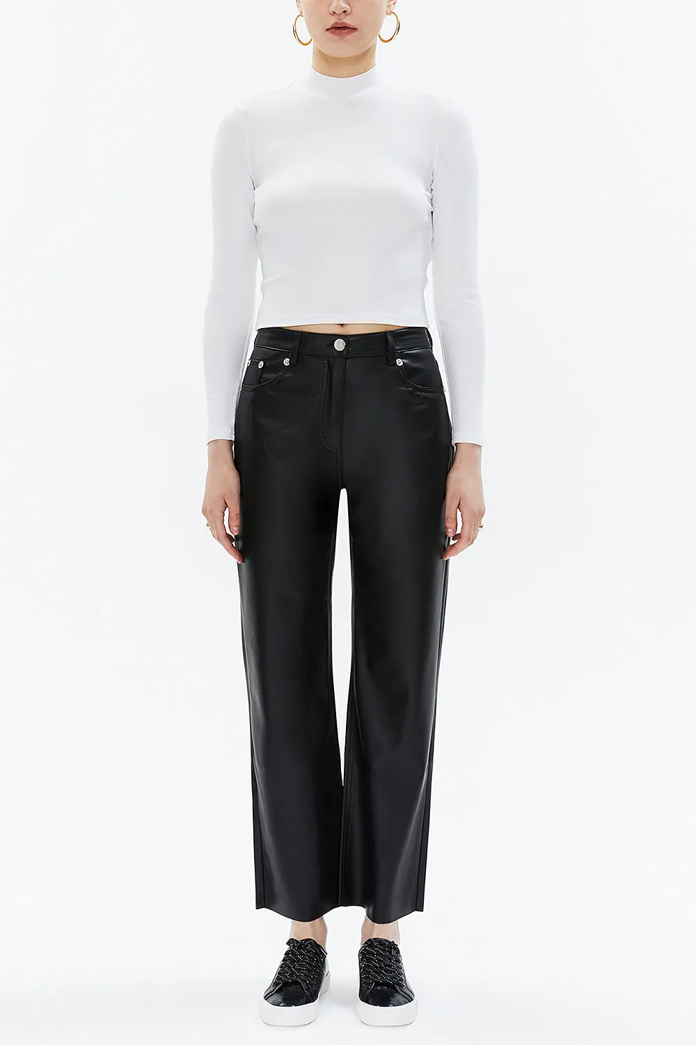 Black High waist  wide leg leather  pants 41512