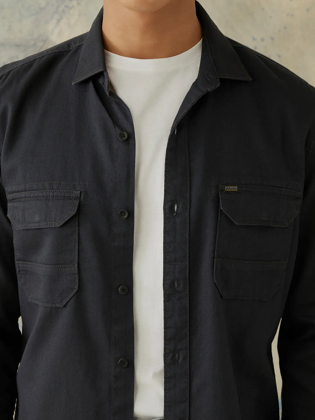 Black Plain Double Pocket Denim Shirt