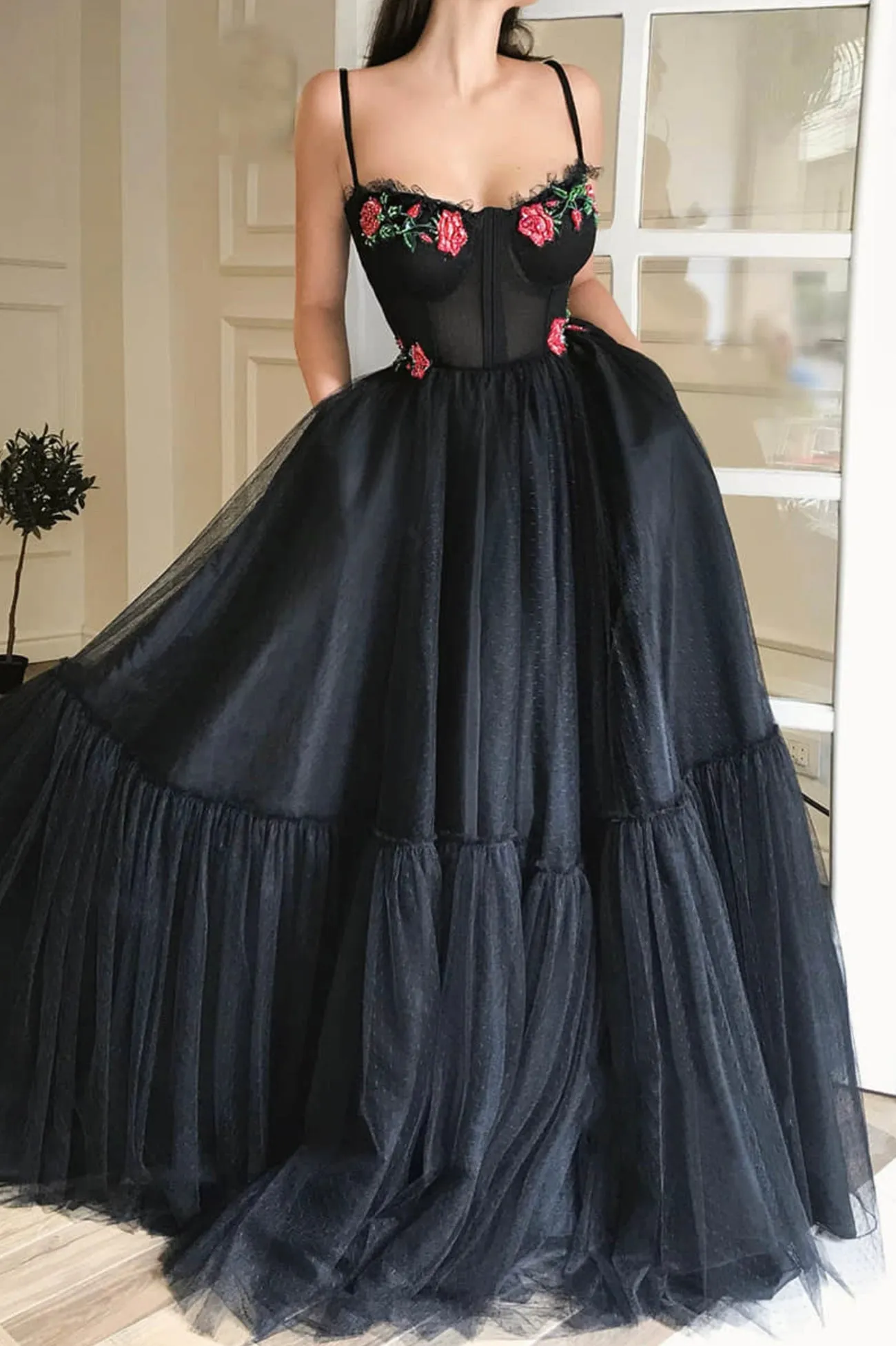 Black Spaghetti Strap Tulle Lace Long Prom Dress, Black Evening Dress