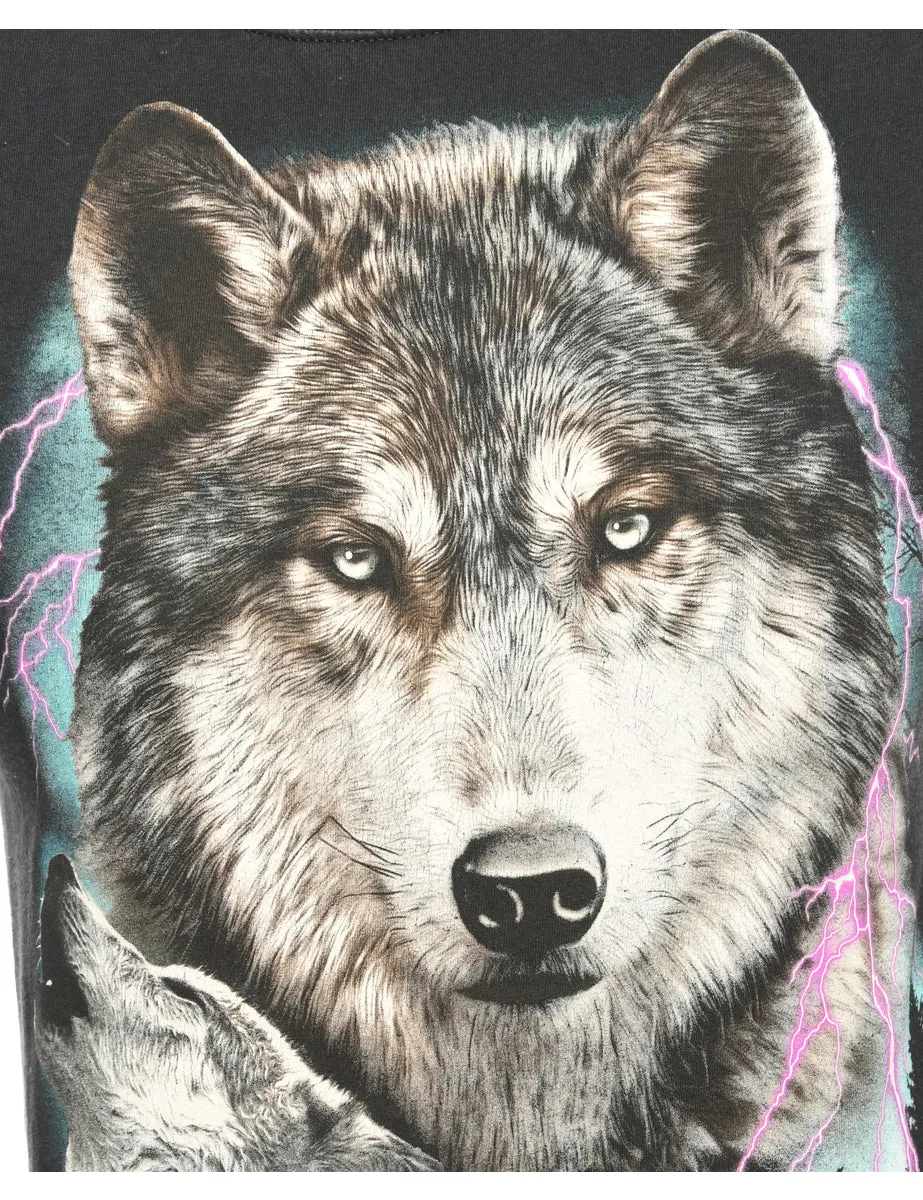 Black Wolf Print Animal T-shirt - S