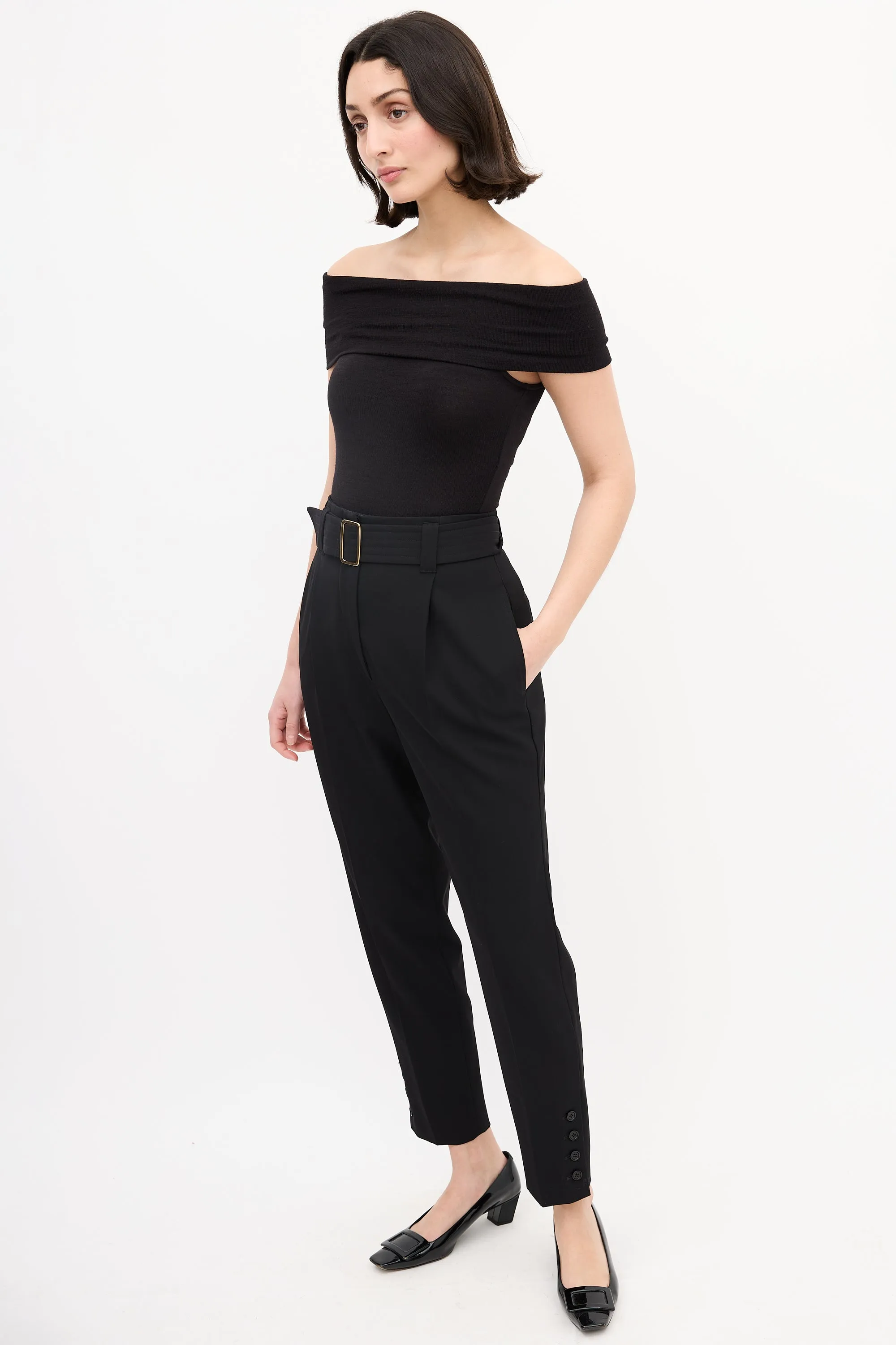 Black Wool Belted High Waist Trouser