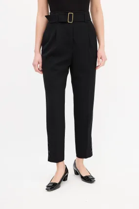 Black Wool Belted High Waist Trouser