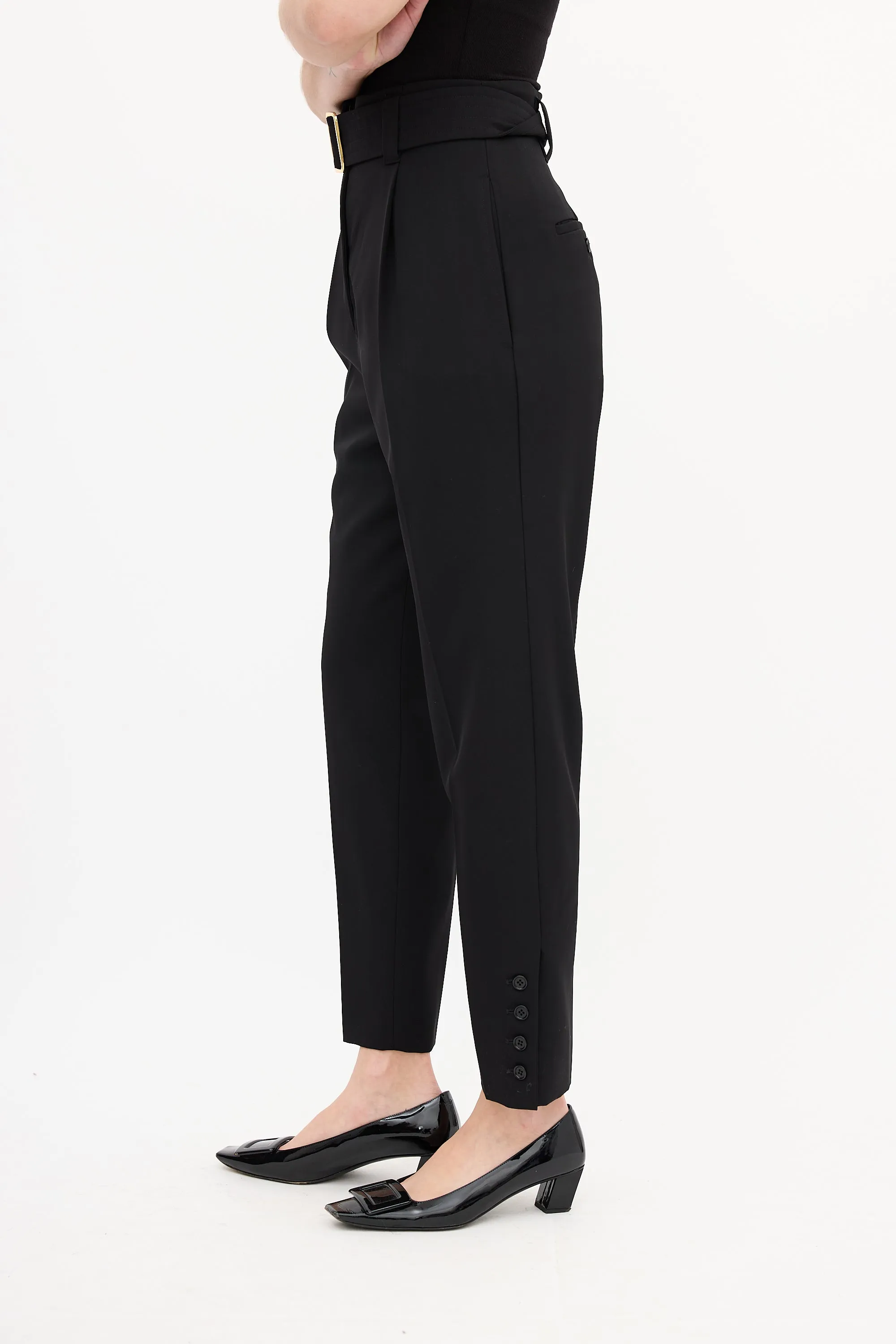 Black Wool Belted High Waist Trouser