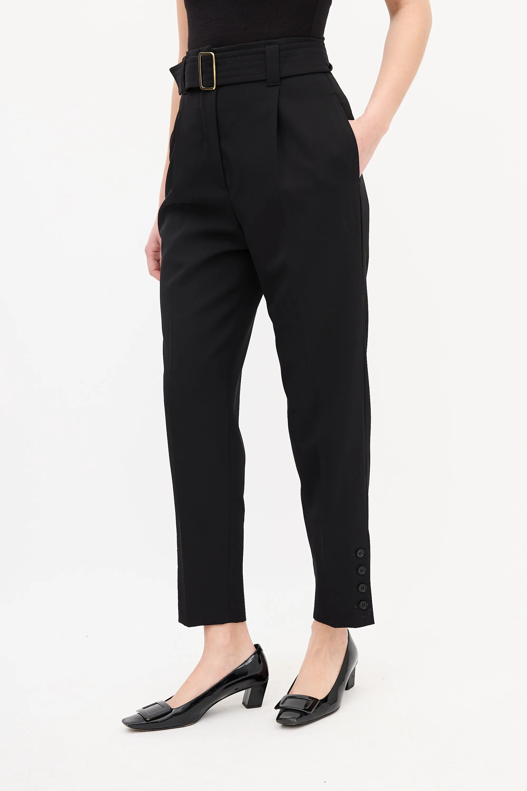 Black Wool Belted High Waist Trouser