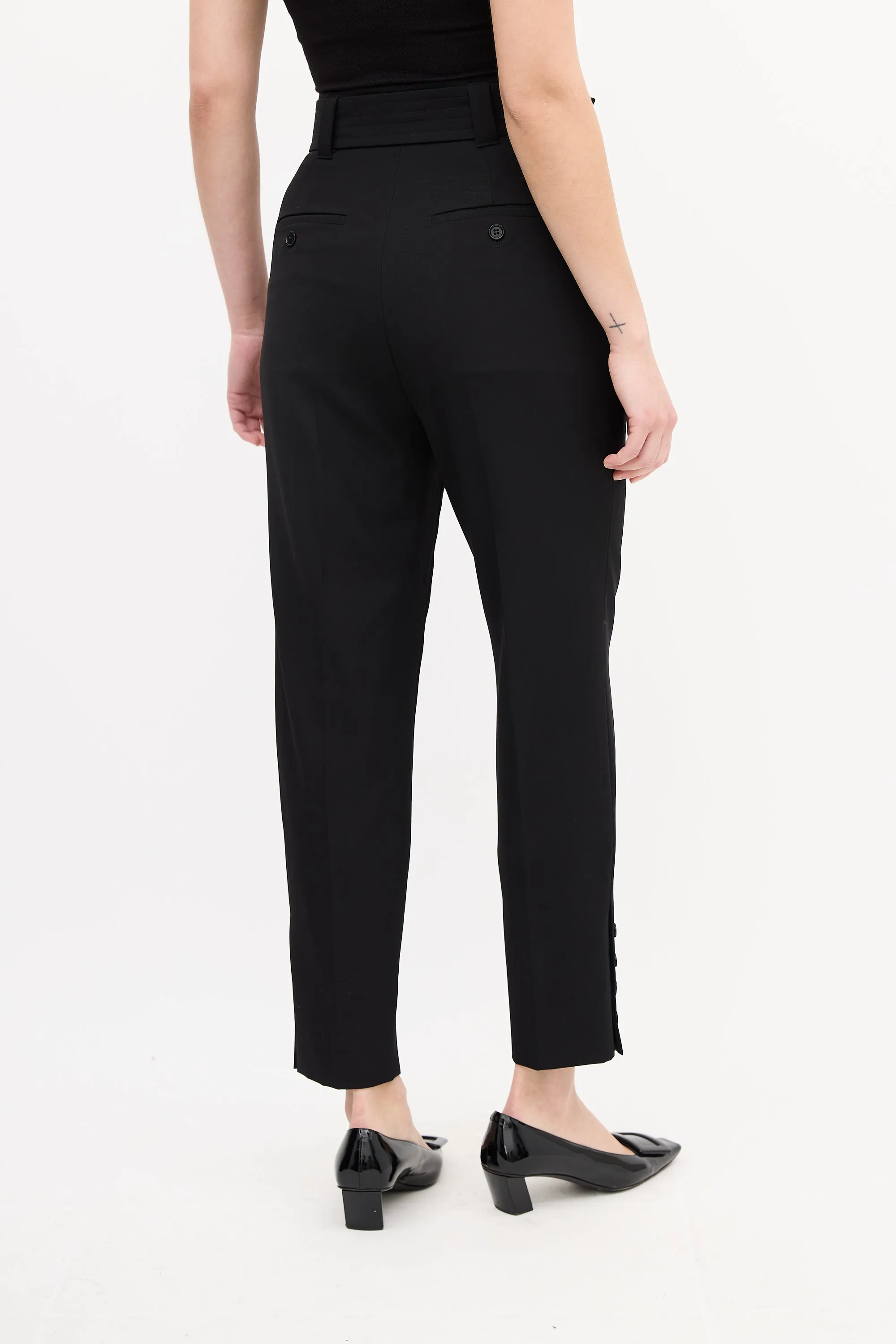 Black Wool Belted High Waist Trouser