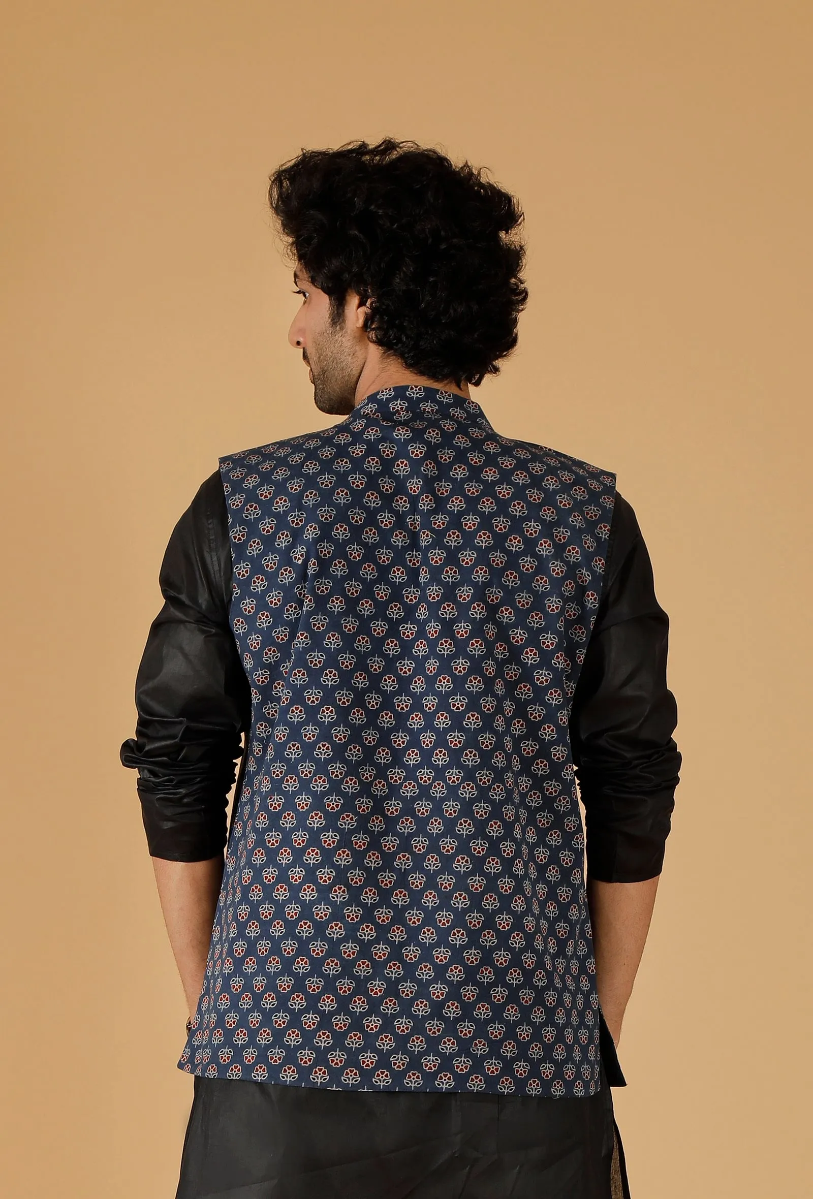 Blue Ajrakh Print Cotton Sleeveless Nehru Jacket With Pockets