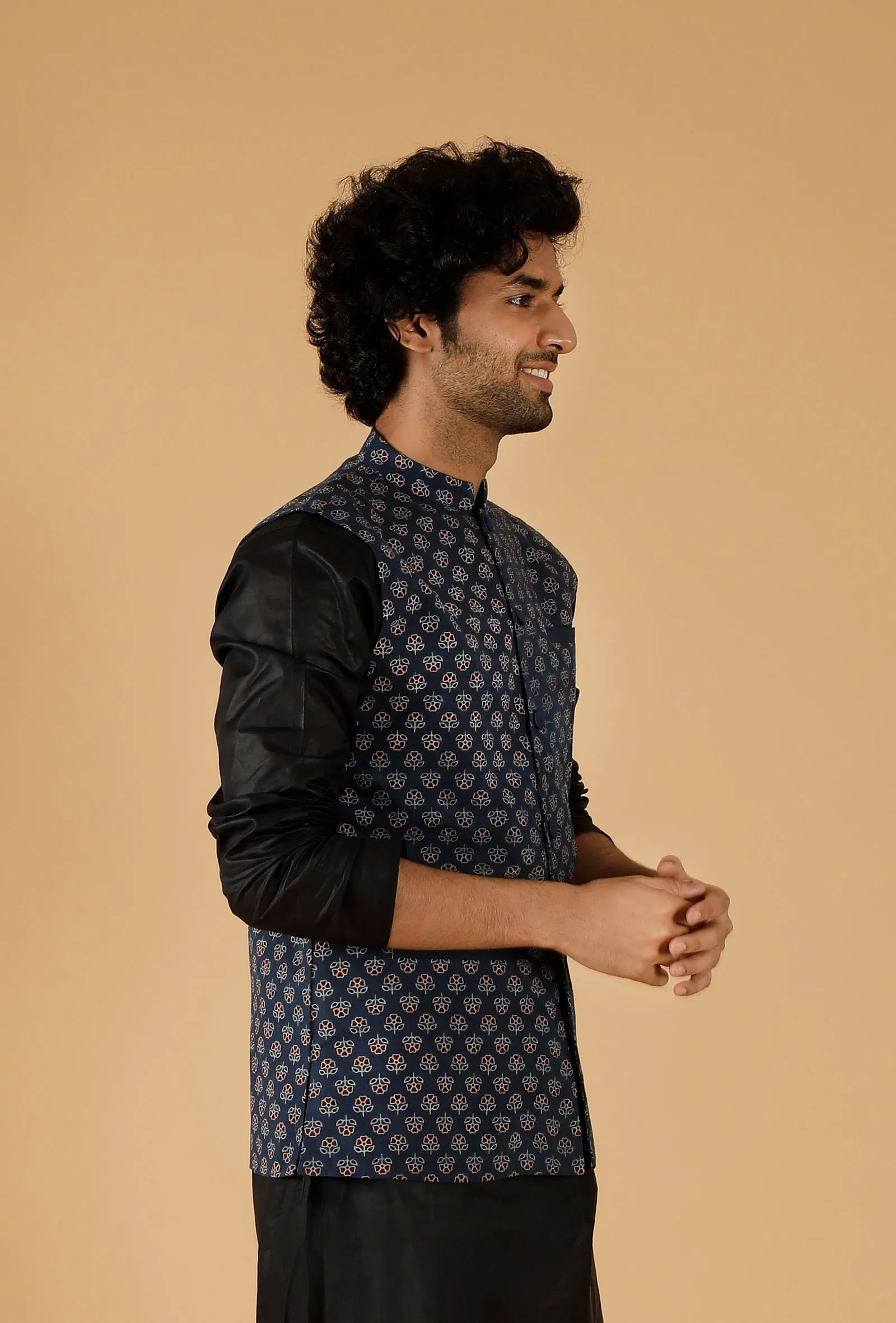 Blue Ajrakh Print Cotton Sleeveless Nehru Jacket With Pockets