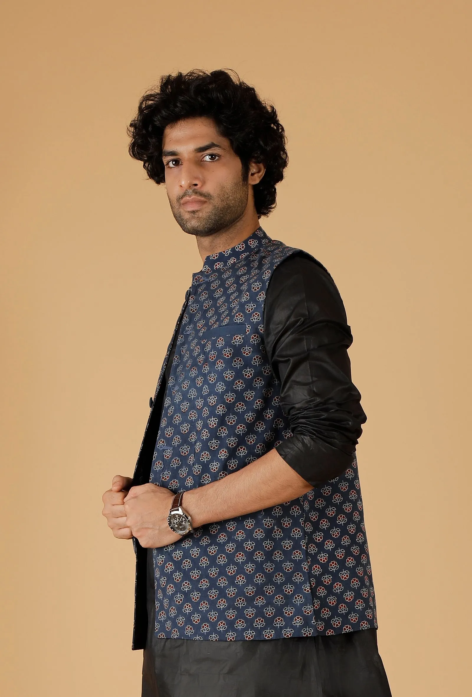 Blue Ajrakh Print Cotton Sleeveless Nehru Jacket With Pockets