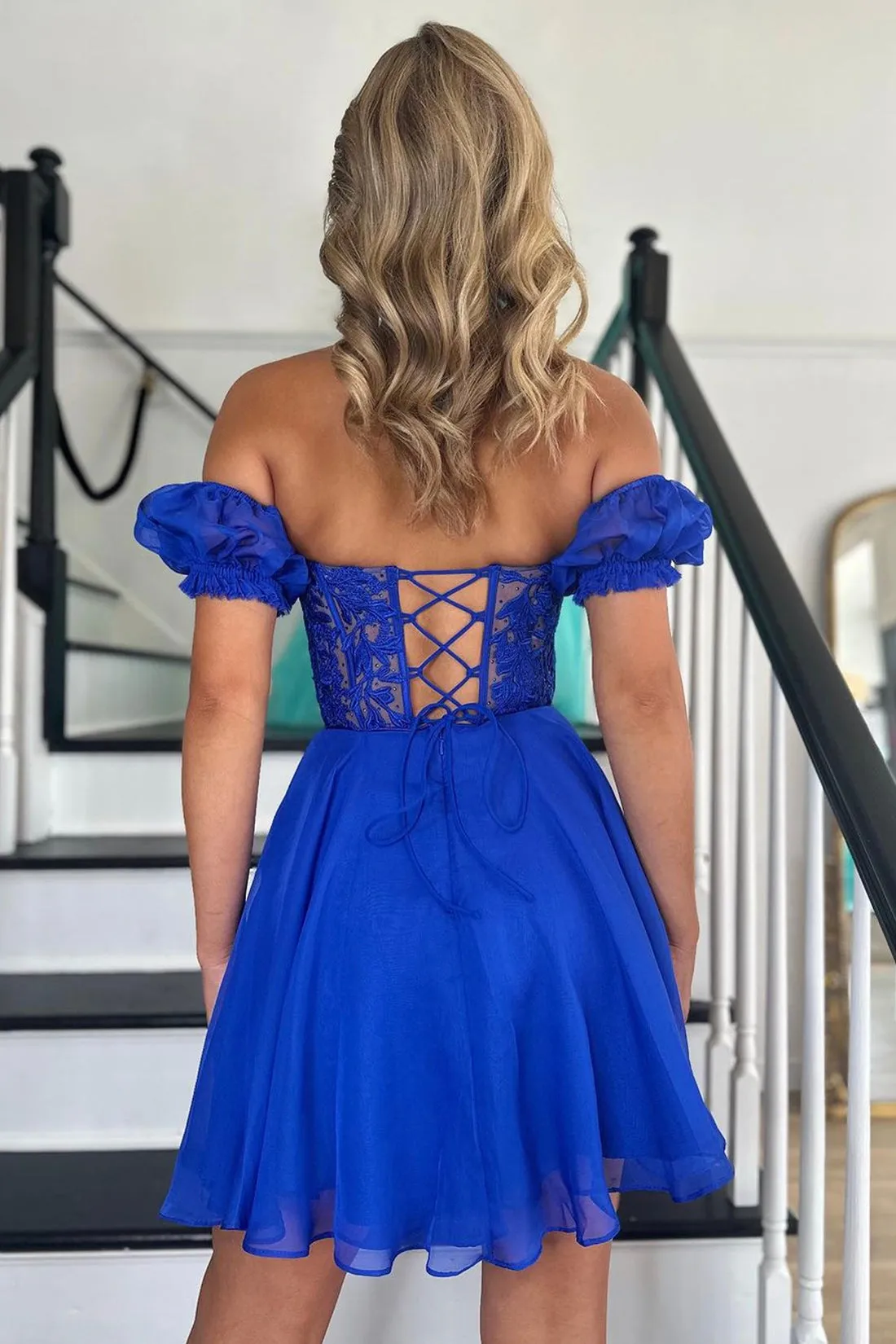 Blue Chiffon Lace Short Prom Dress, A-Line Backless Evening Party Dress