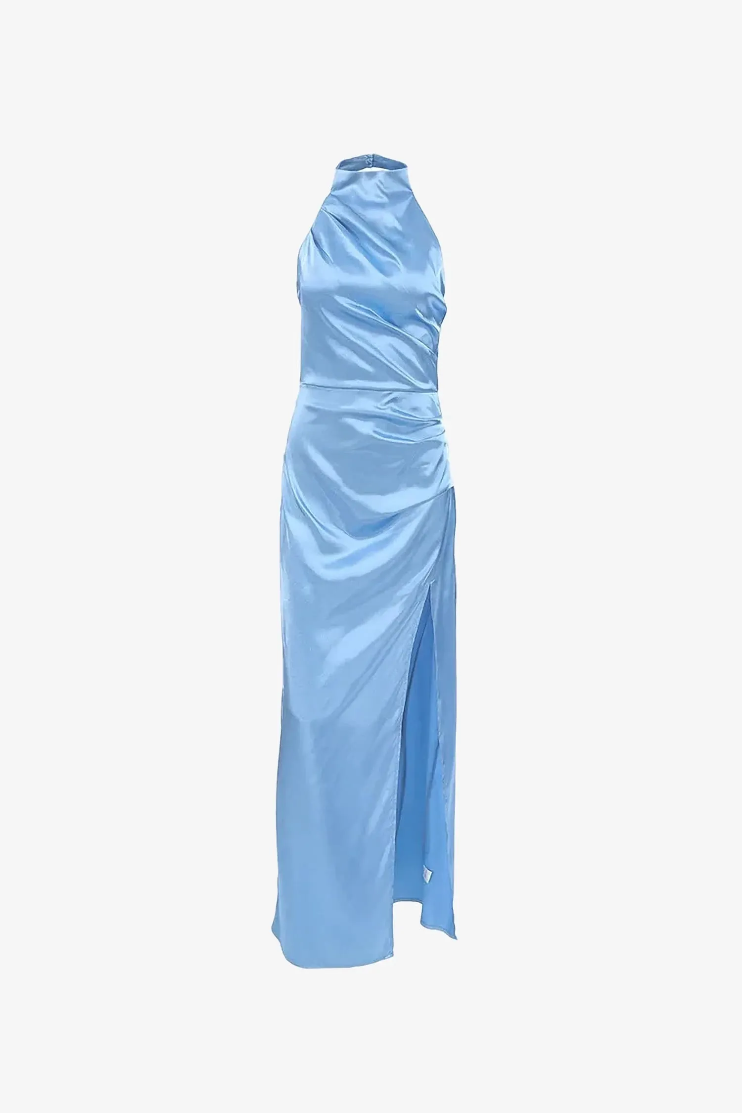 Blue Halter Satin Split Maxi Dress