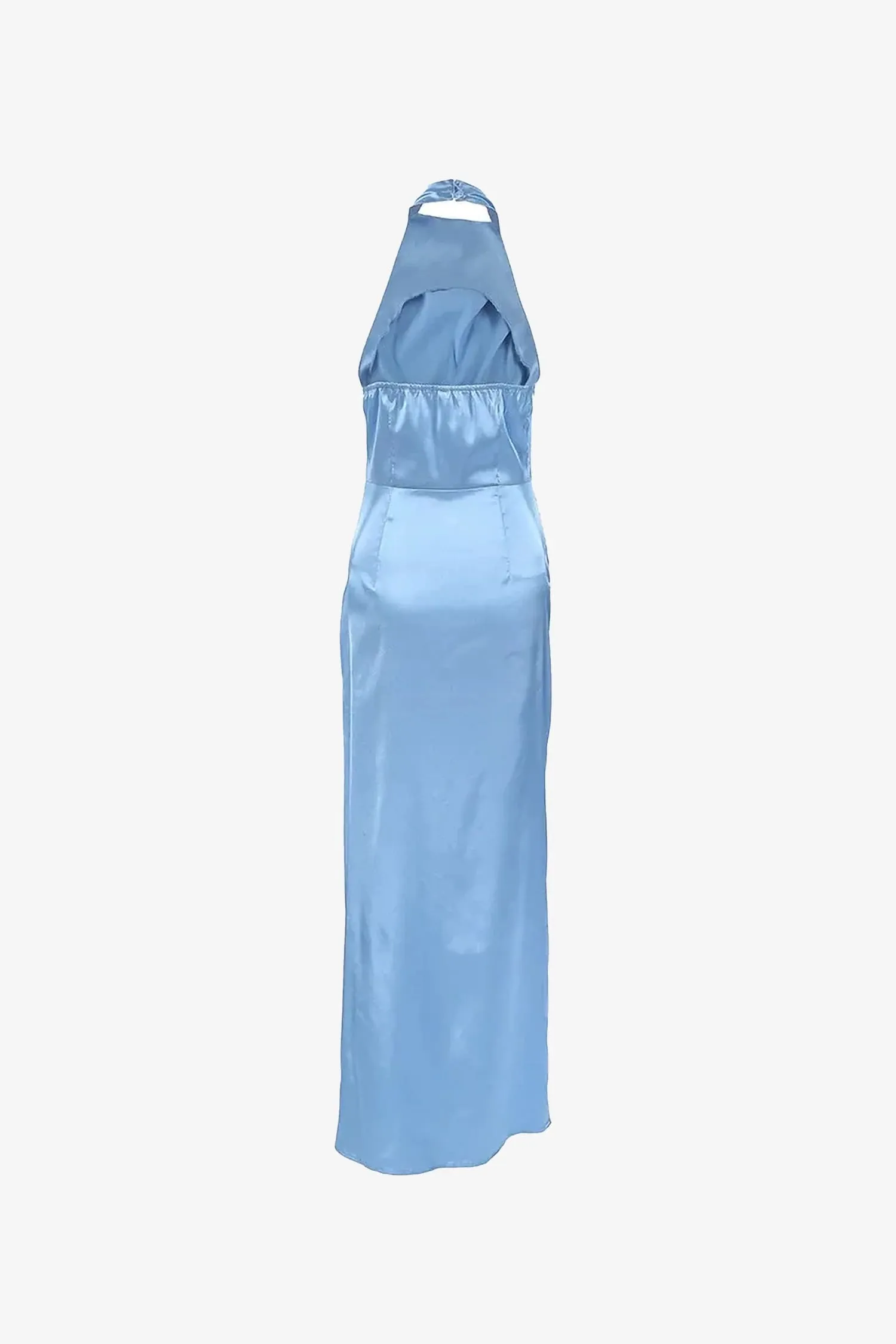 Blue Halter Satin Split Maxi Dress