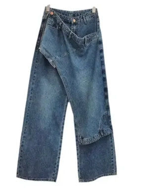 Blue washed crossed front asymmetrical jeans pants