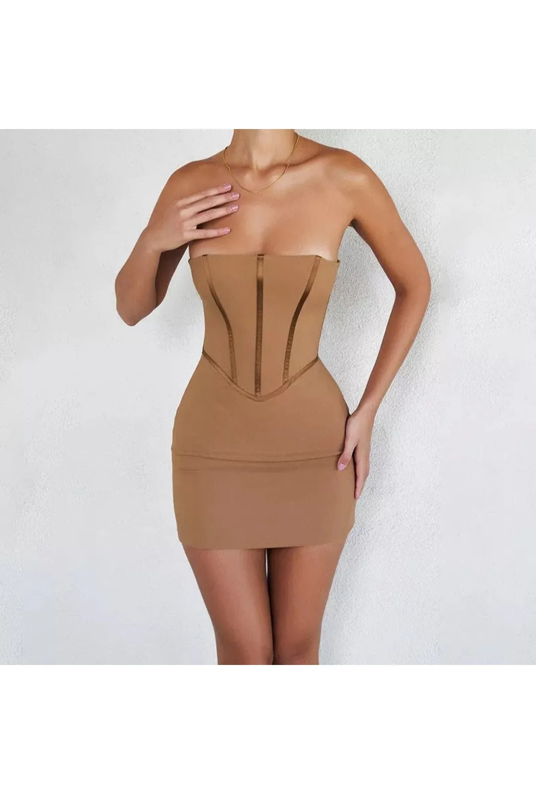 Brown Boning Bodycon Dress