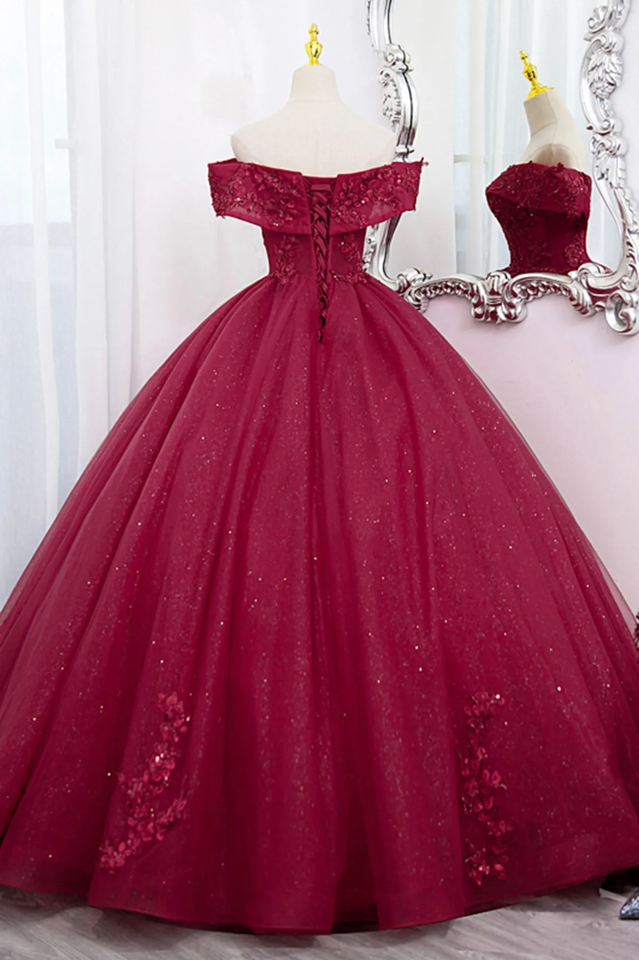 Burgundy Sweet 16 Formal Gown with Lace, Off the Shoulder Prom Dress Party Dress