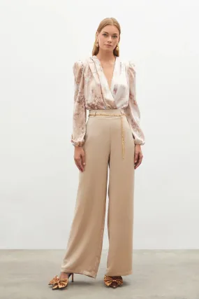 Chain Satin Crepe Trousers - BEIGE