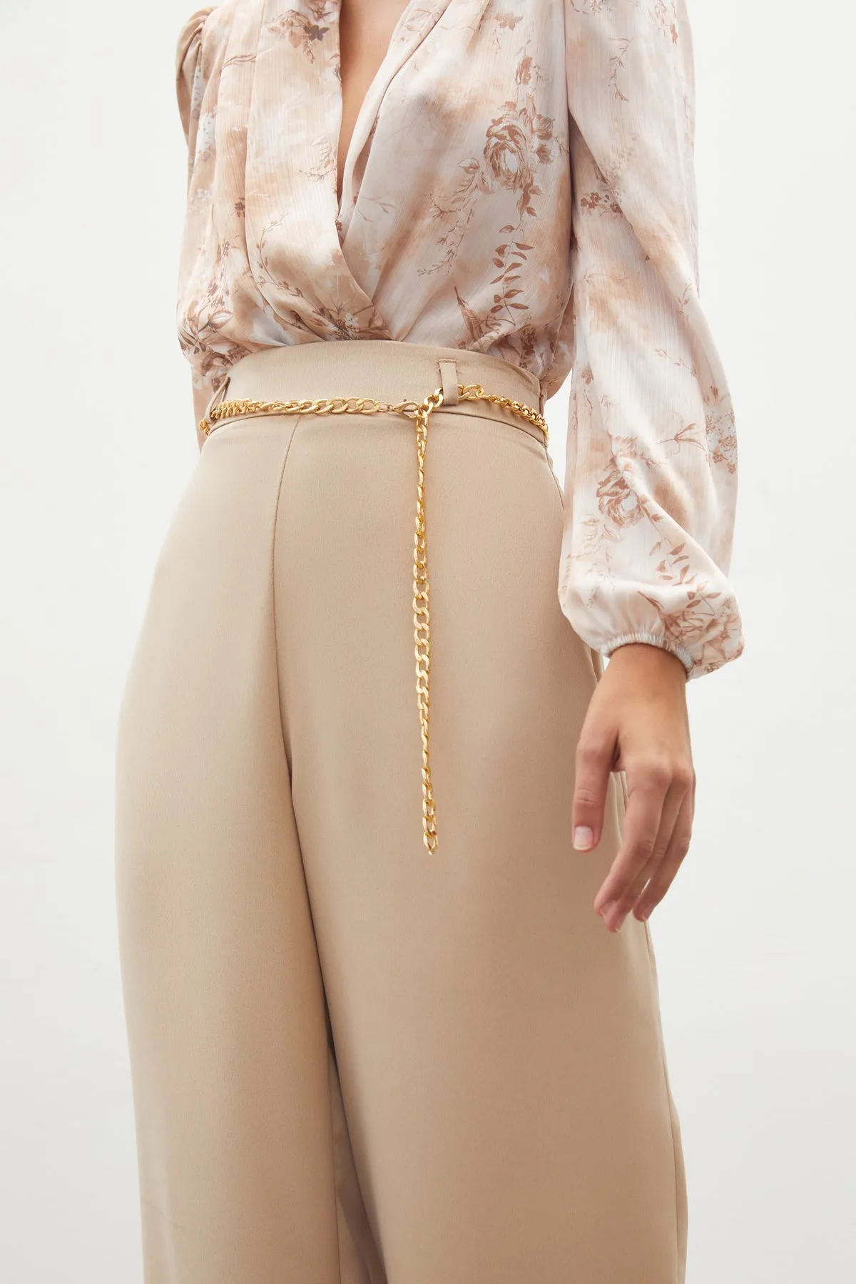 Chain Satin Crepe Trousers - BEIGE