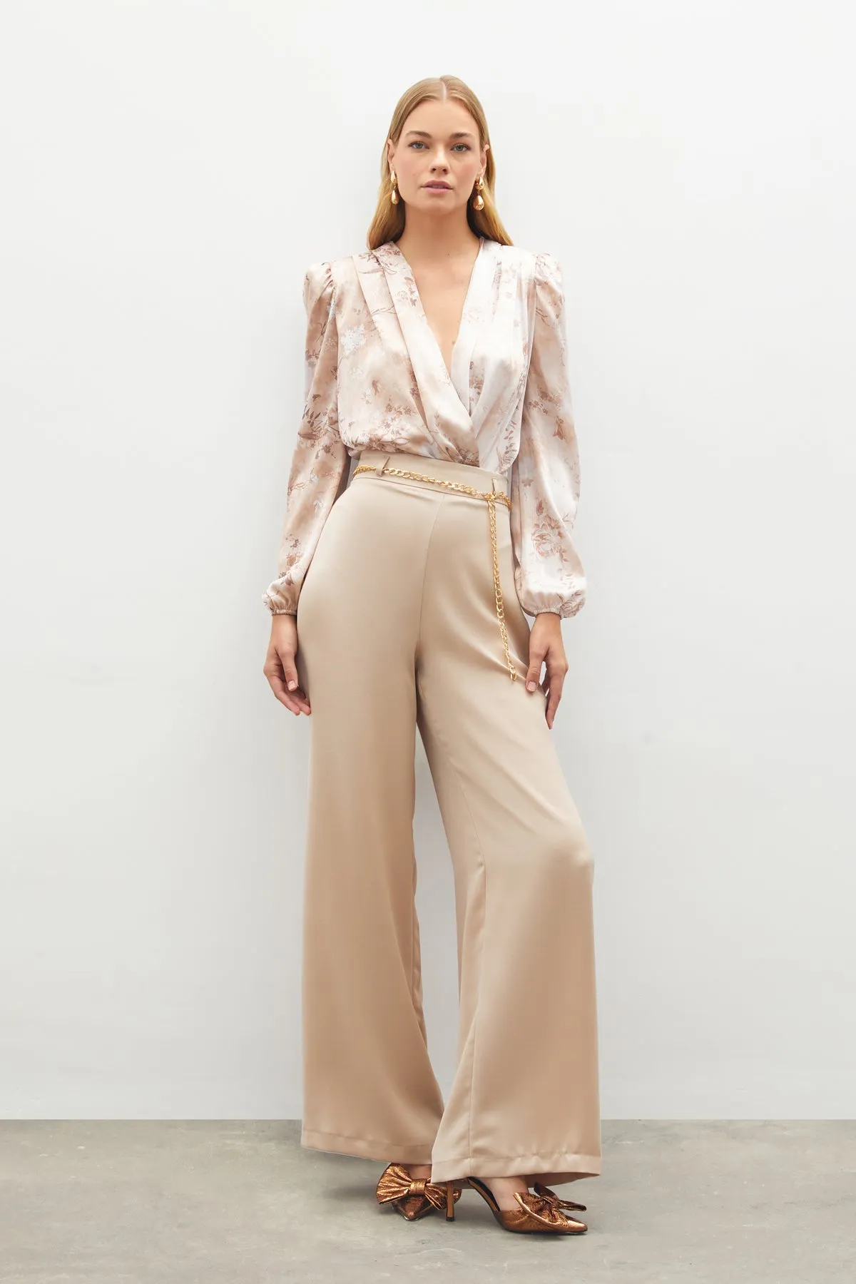 Chain Satin Crepe Trousers - BEIGE