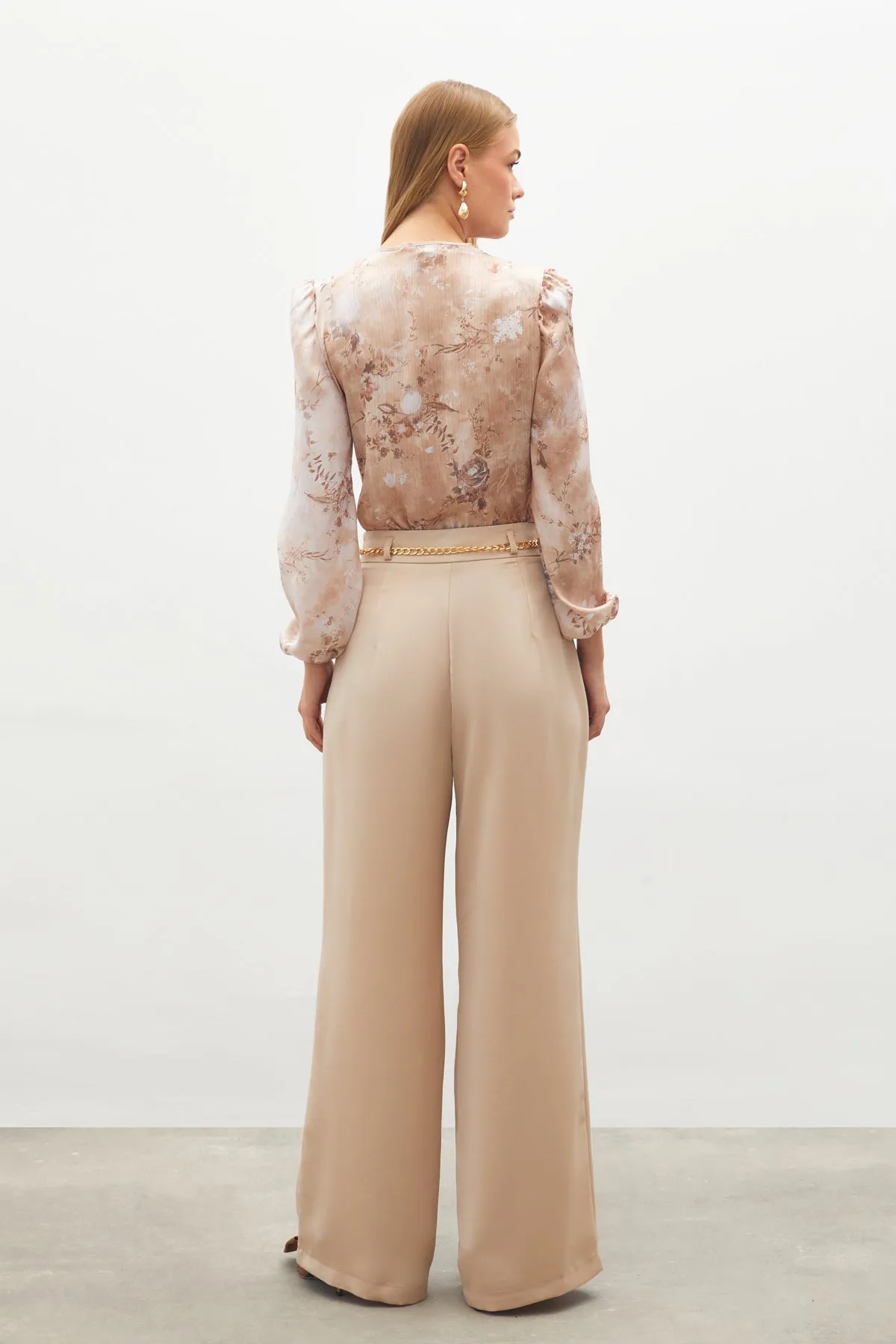 Chain Satin Crepe Trousers - BEIGE