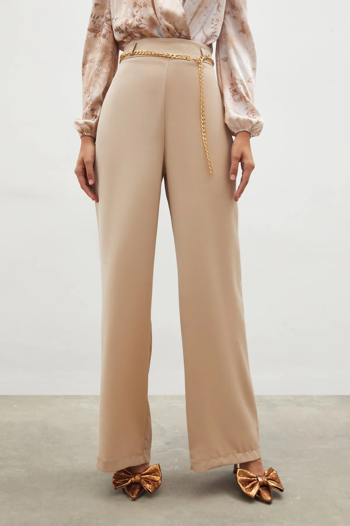 Chain Satin Crepe Trousers - BEIGE