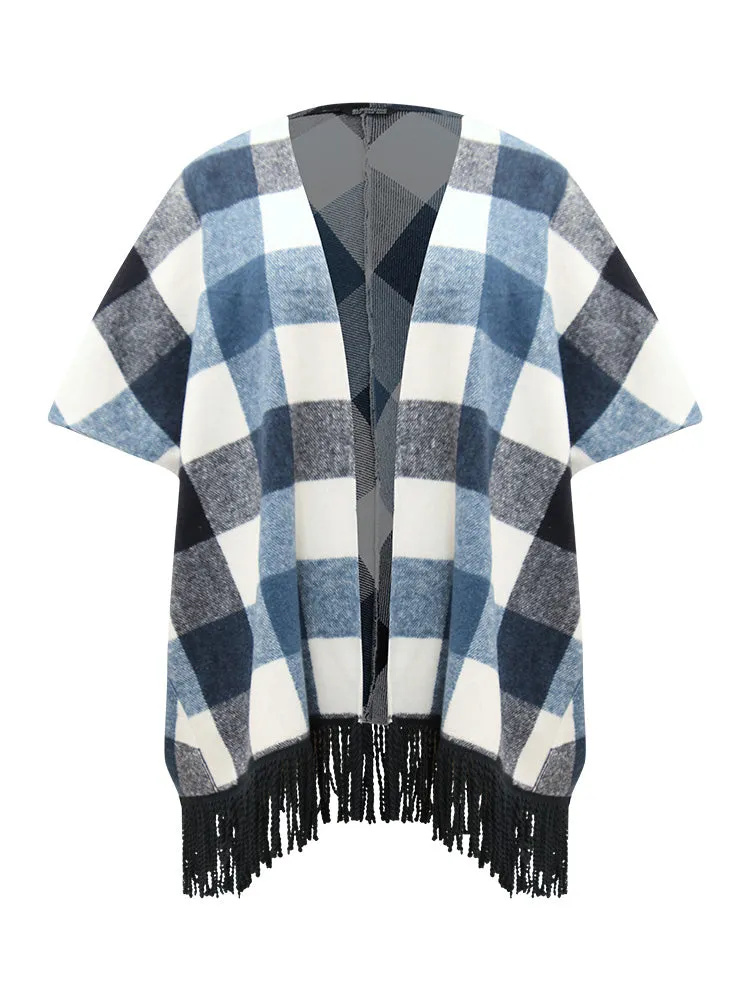 Contrast Plaid Tassels Trim Hem Coat