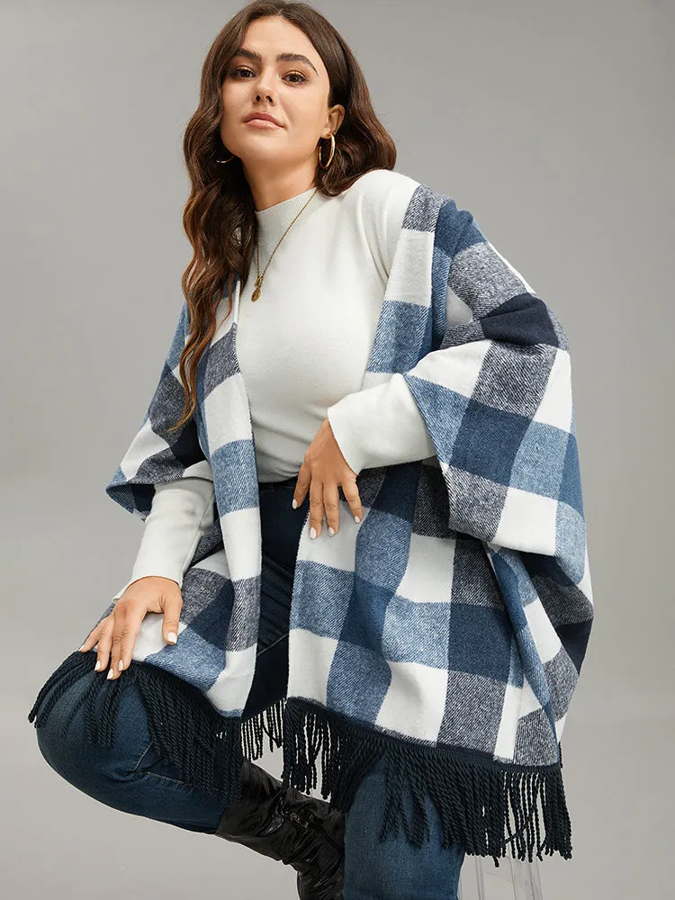 Contrast Plaid Tassels Trim Hem Coat