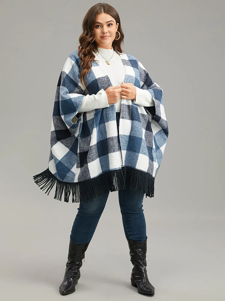 Contrast Plaid Tassels Trim Hem Coat