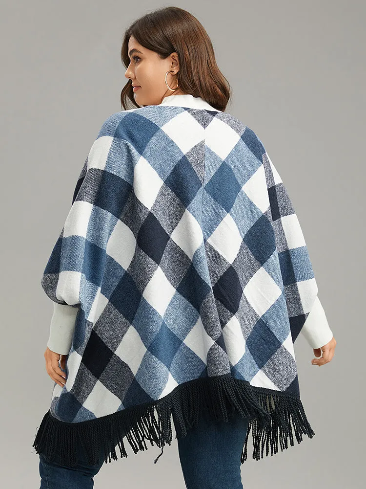 Contrast Plaid Tassels Trim Hem Coat