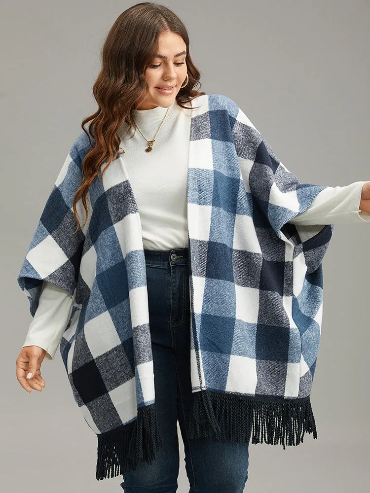 Contrast Plaid Tassels Trim Hem Coat