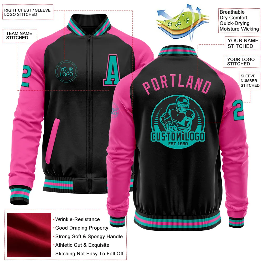 Custom Black Aqua-Pink Bomber Varsity Letterman Two Tone Zipper Jacket