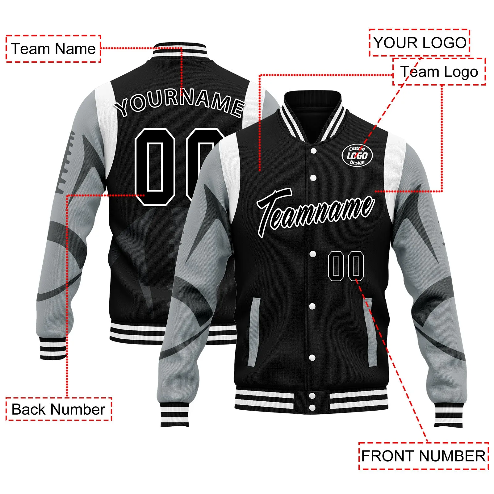 Custom Black Las Vegas Jacket Bomber Full-Snap Varsity Letterman Personalized Jacket FZ005-D025004-23