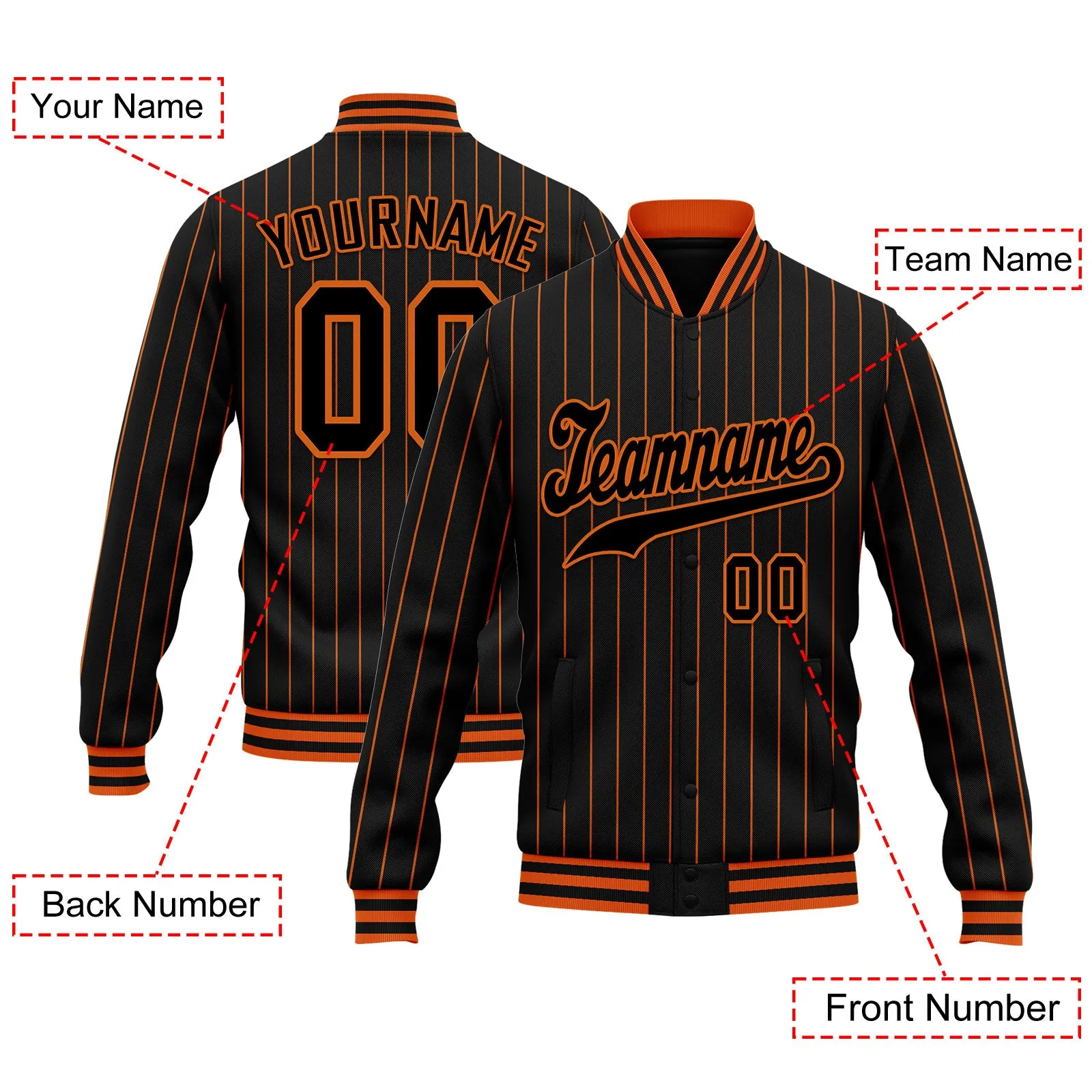 Custom Black Orange Stripe Fashion Jacket Bomber Full-Snap Varsity Letterman Personalized Jacket FZ005-D020219-3