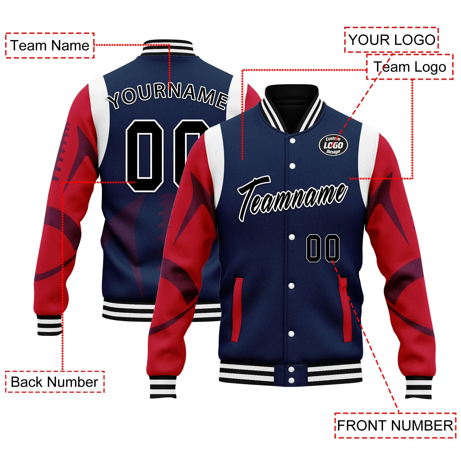 Custom Blue New England Jacket Bomber Full-Snap Varsity Letterman Personalized Jacket FZ005-D025004-26