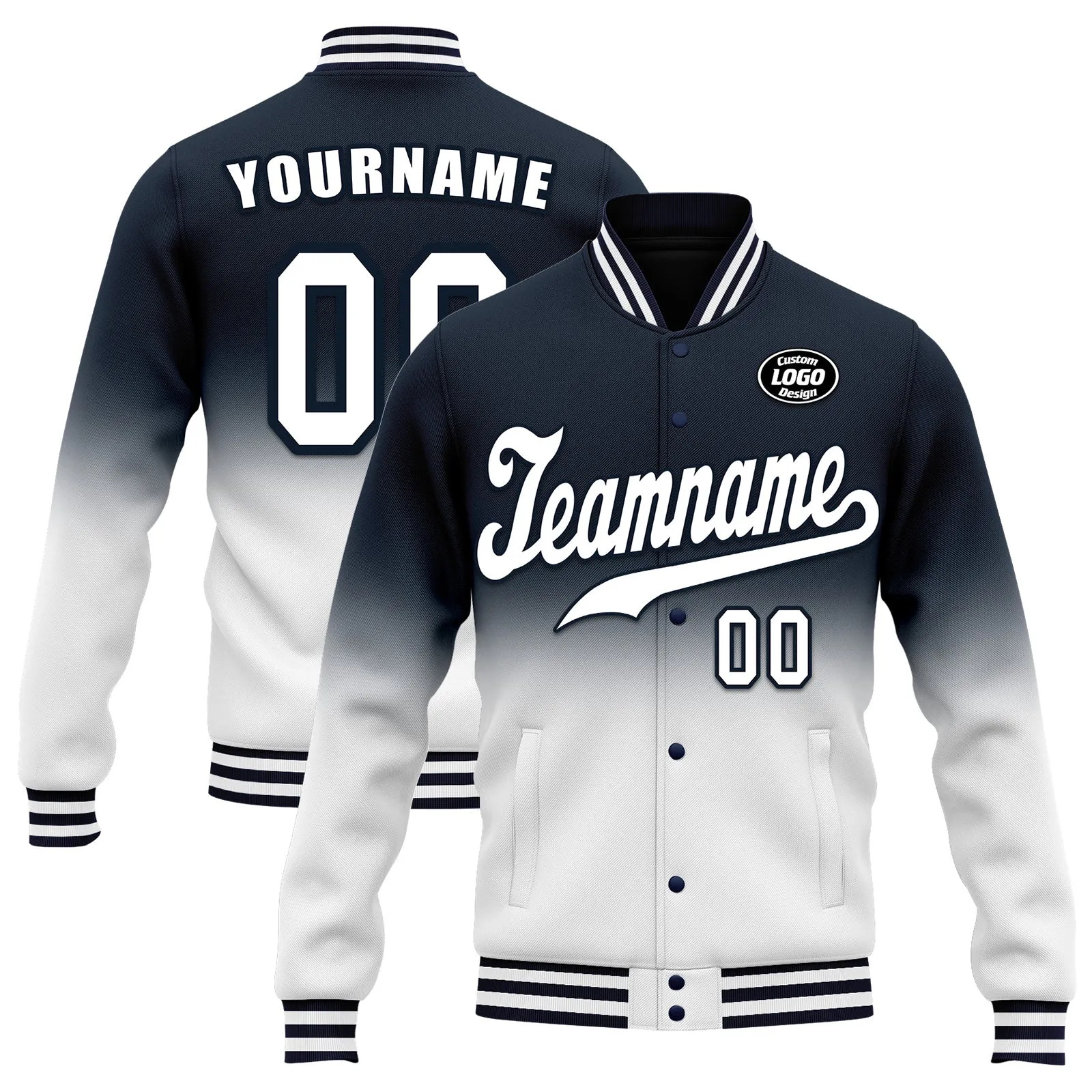 Custom Blue White Fade Fashion Jacket Bomber Full-Snap Varsity Letterman Personalized Jacket FZ005-D020229-2