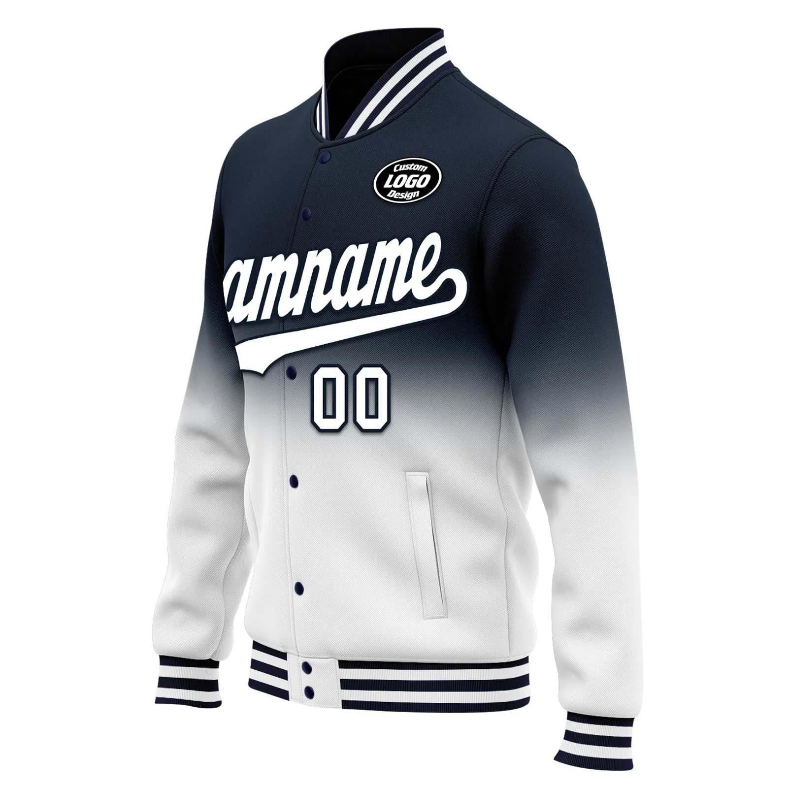 Custom Blue White Fade Fashion Jacket Bomber Full-Snap Varsity Letterman Personalized Jacket FZ005-D020229-2