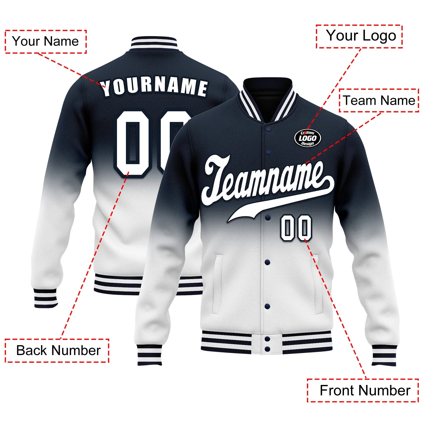 Custom Blue White Fade Fashion Jacket Bomber Full-Snap Varsity Letterman Personalized Jacket FZ005-D020229-2