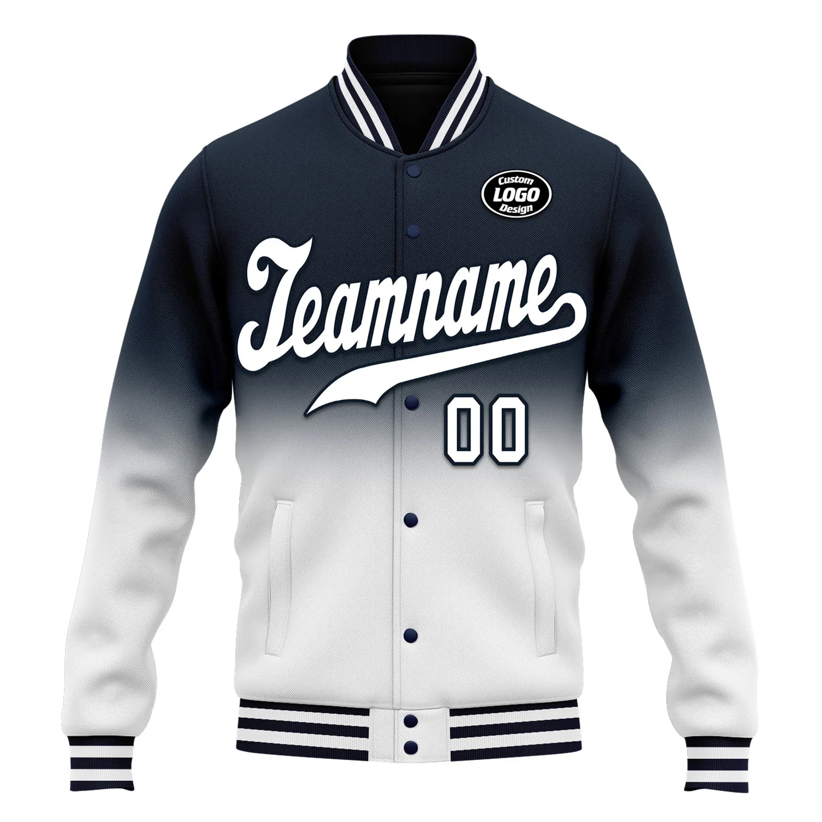 Custom Blue White Fade Fashion Jacket Bomber Full-Snap Varsity Letterman Personalized Jacket FZ005-D020229-2