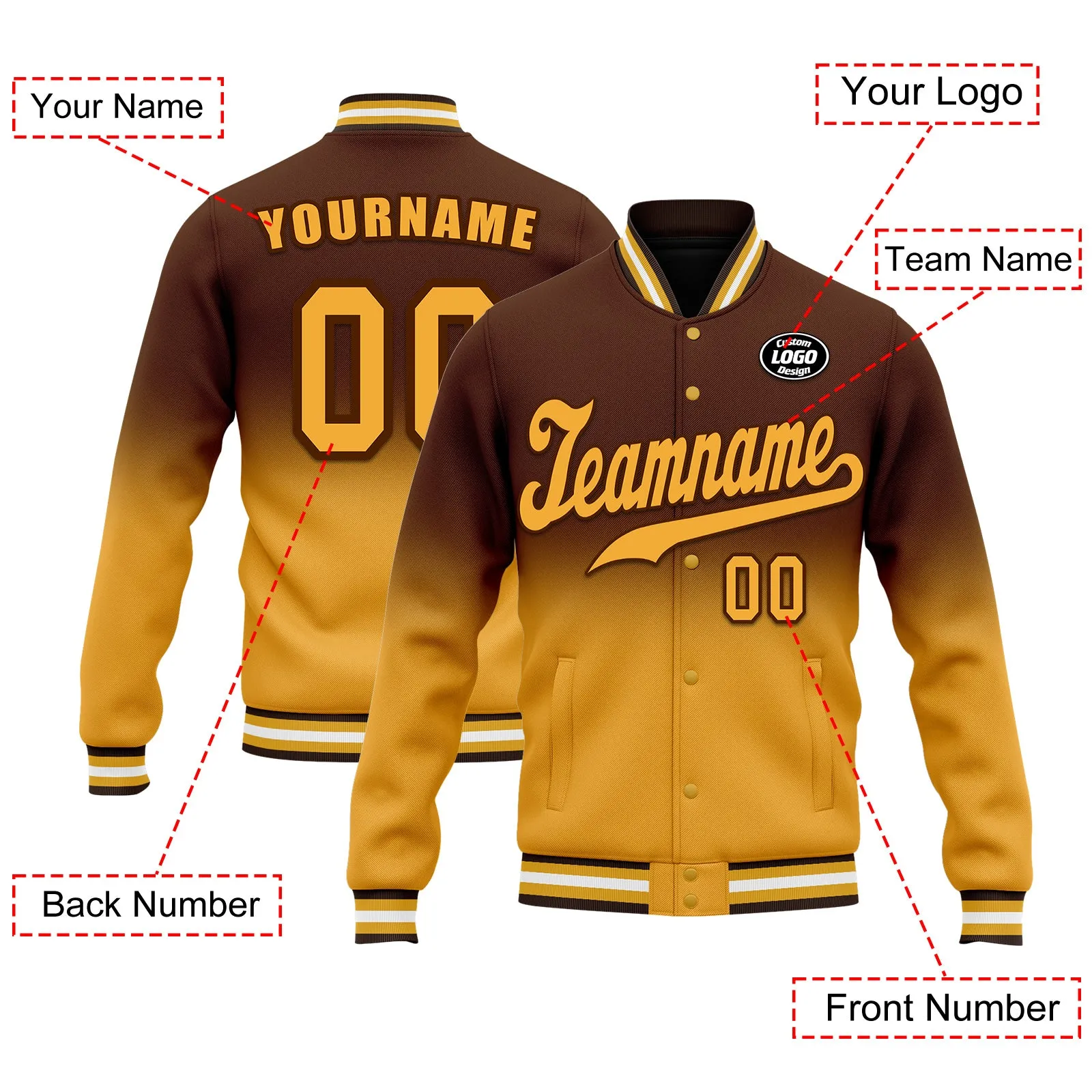 Custom Brown Yellow Fade Fashion Jacket Bomber Full-Snap Varsity Letterman Personalized Jacket FZ005-D020229-7