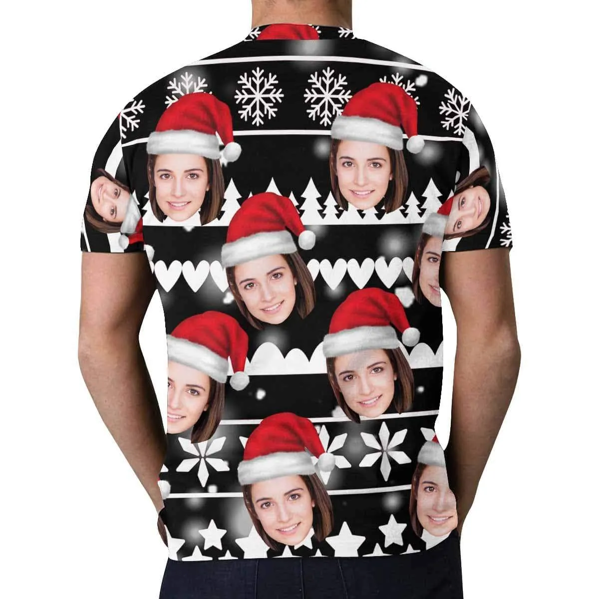 Custom Face Christmas Tee Red Background Men's All Over Print T-shirt with Personalized Pictures