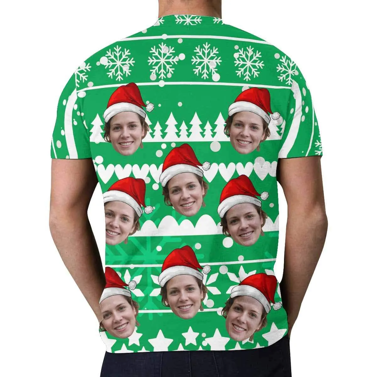 Custom Face Christmas Tee Red Background Men's All Over Print T-shirt with Personalized Pictures