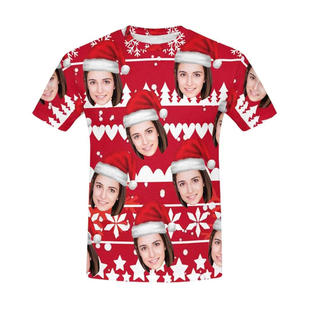Custom Face Christmas Tee Red Background Men's All Over Print T-shirt with Personalized Pictures