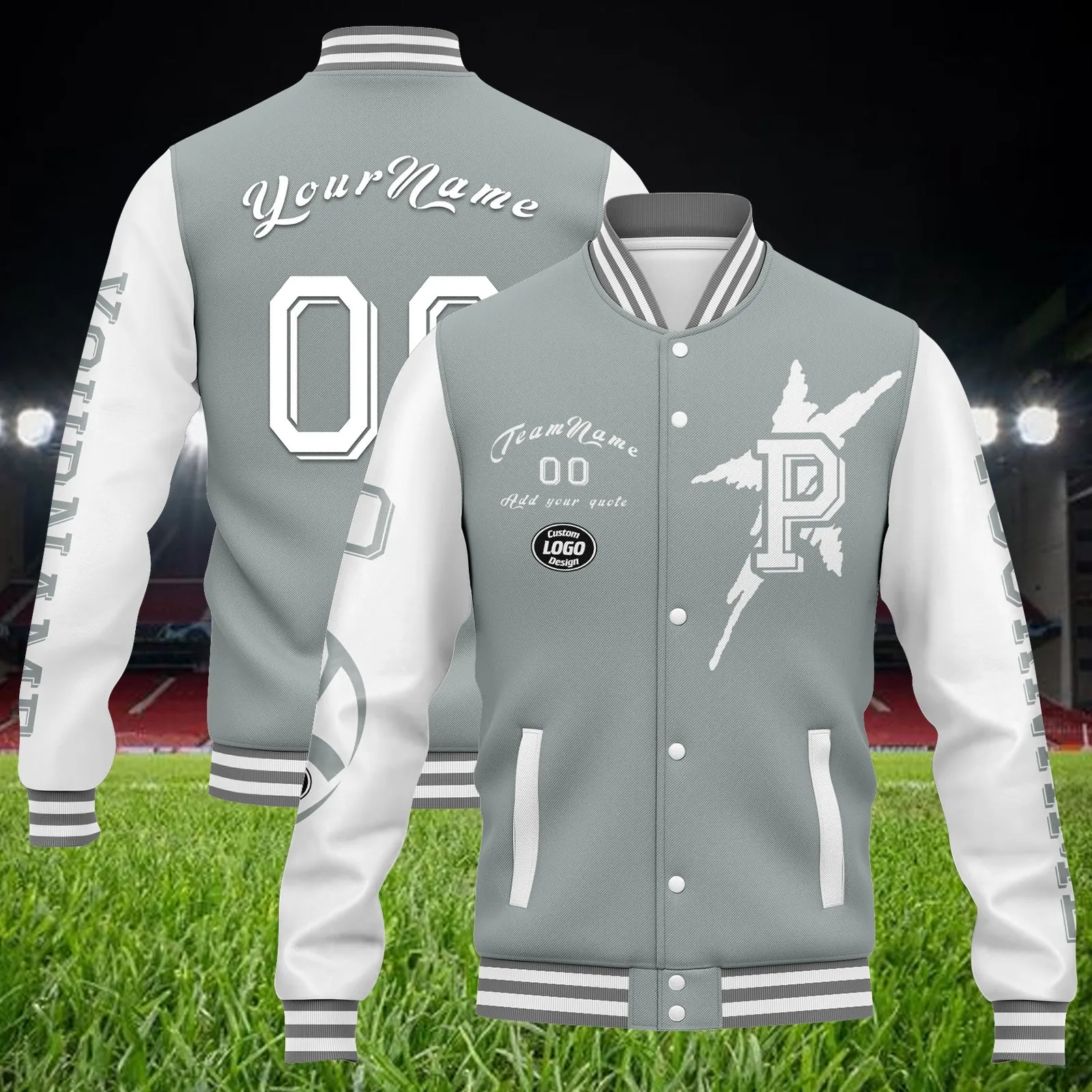 Custom Gray White Pittsburgh Jacket Bomber Full-Snap Varsity Letterman Personalized Jacket FZ005SX-D020290-30