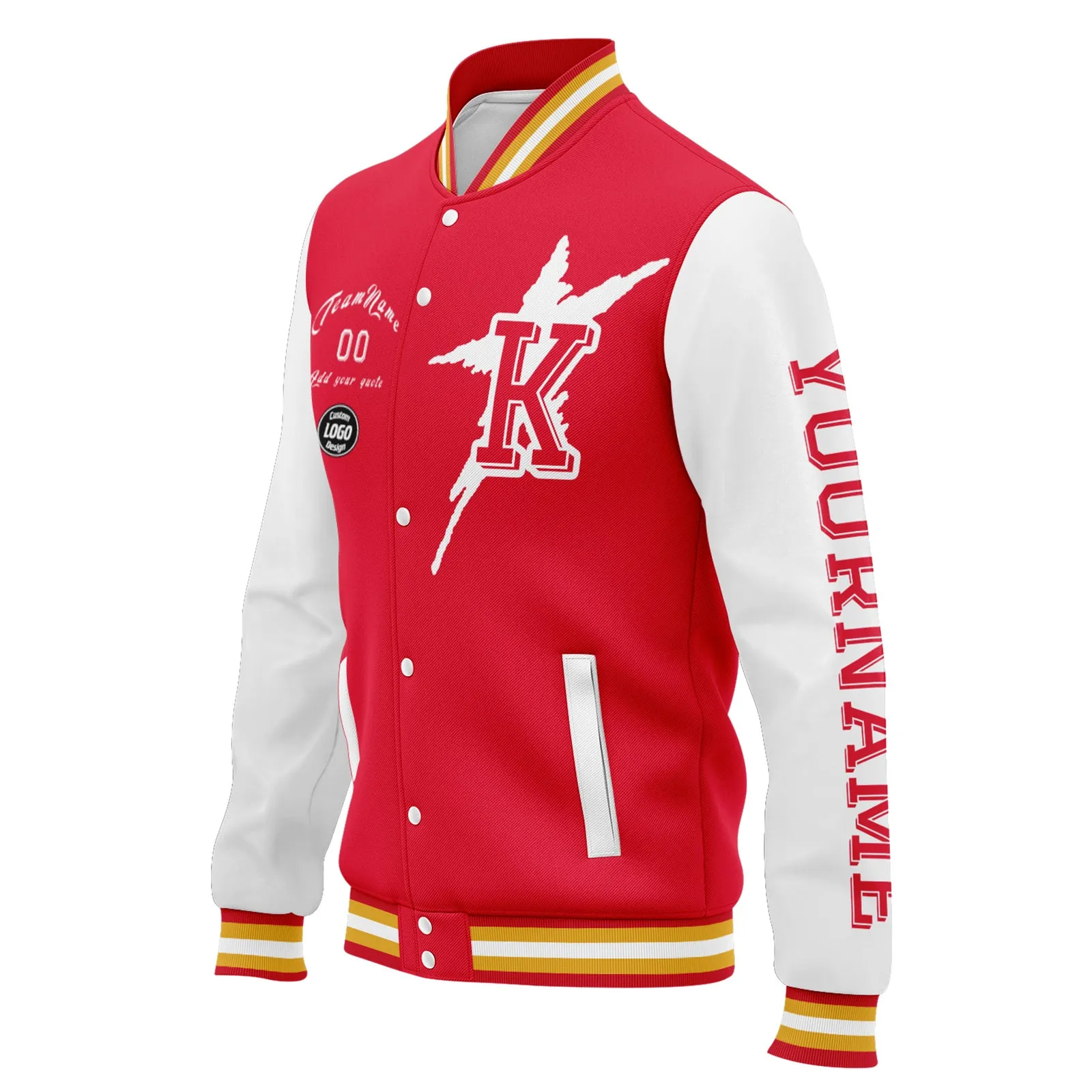 Custom Red White Kansas City Jacket Bomber Full-Snap Varsity Letterman Personalized Jacket FZ005SX-D020290-18